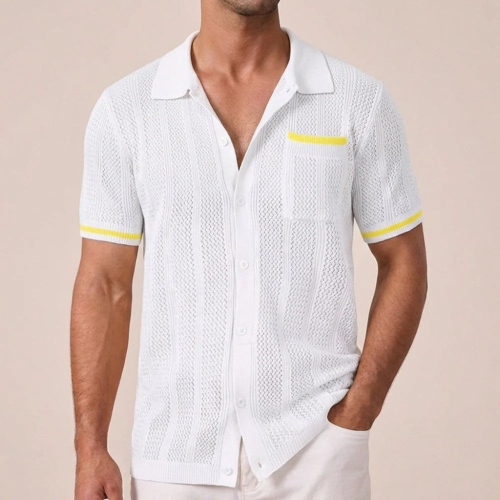 Kaven - Men's Knit Shirt Short Sleeve Button-Down Textured Camp Collar
