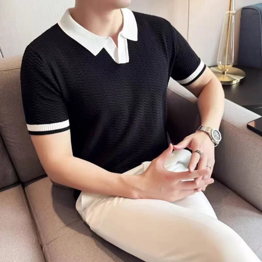 Kaven - Men's Knitted Polo Short Sleeve Contrast Collar Chevron