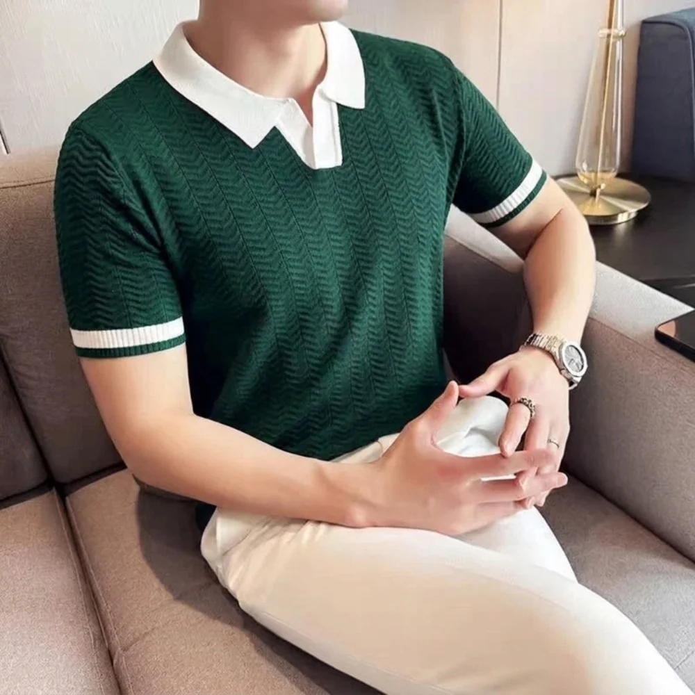 Kaven - Men's Knitted Polo Short Sleeve Contrast Collar Chevron