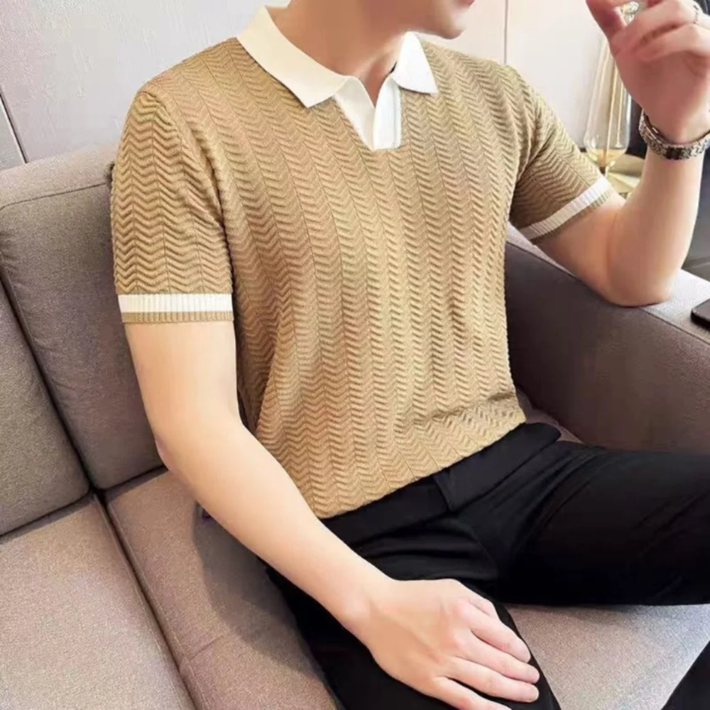 Kaven - Men's Knitted Polo Short Sleeve Contrast Collar Chevron