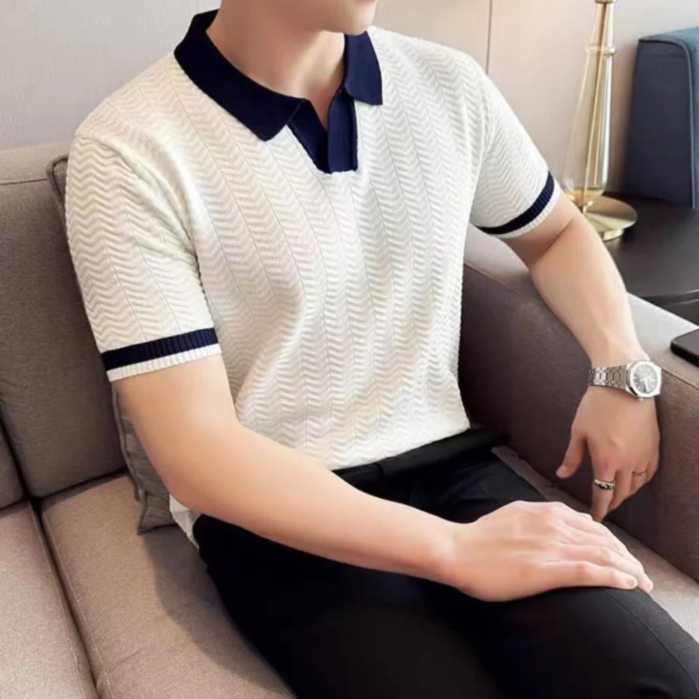 Kaven - Men's Knitted Polo Short Sleeve Contrast Collar Chevron