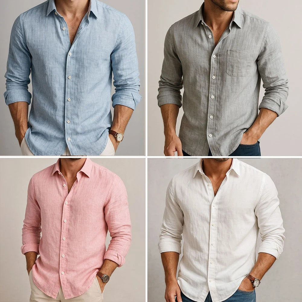 Kaven - Men's Linen Blend Shirt Long Sleeve Relaxed Collar Breathable