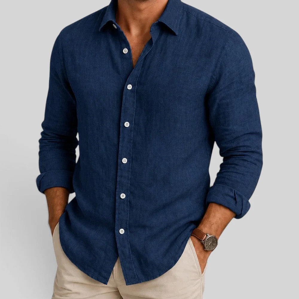 Kaven - Men's Linen Blend Shirt Long Sleeve Relaxed Collar Breathable