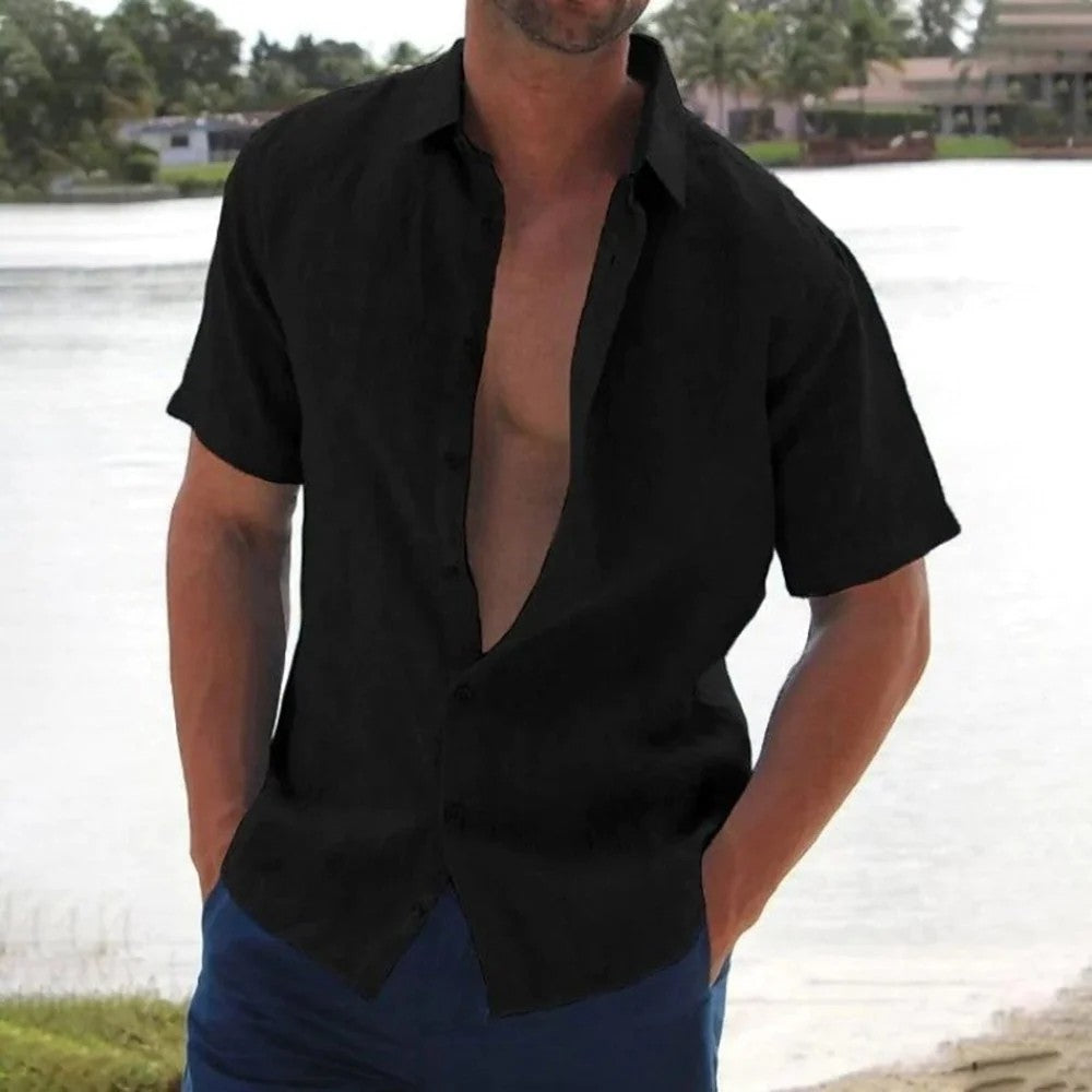 Kaven - Men's Linen Look Shirt Short Sleeve Button-Up Lightweight