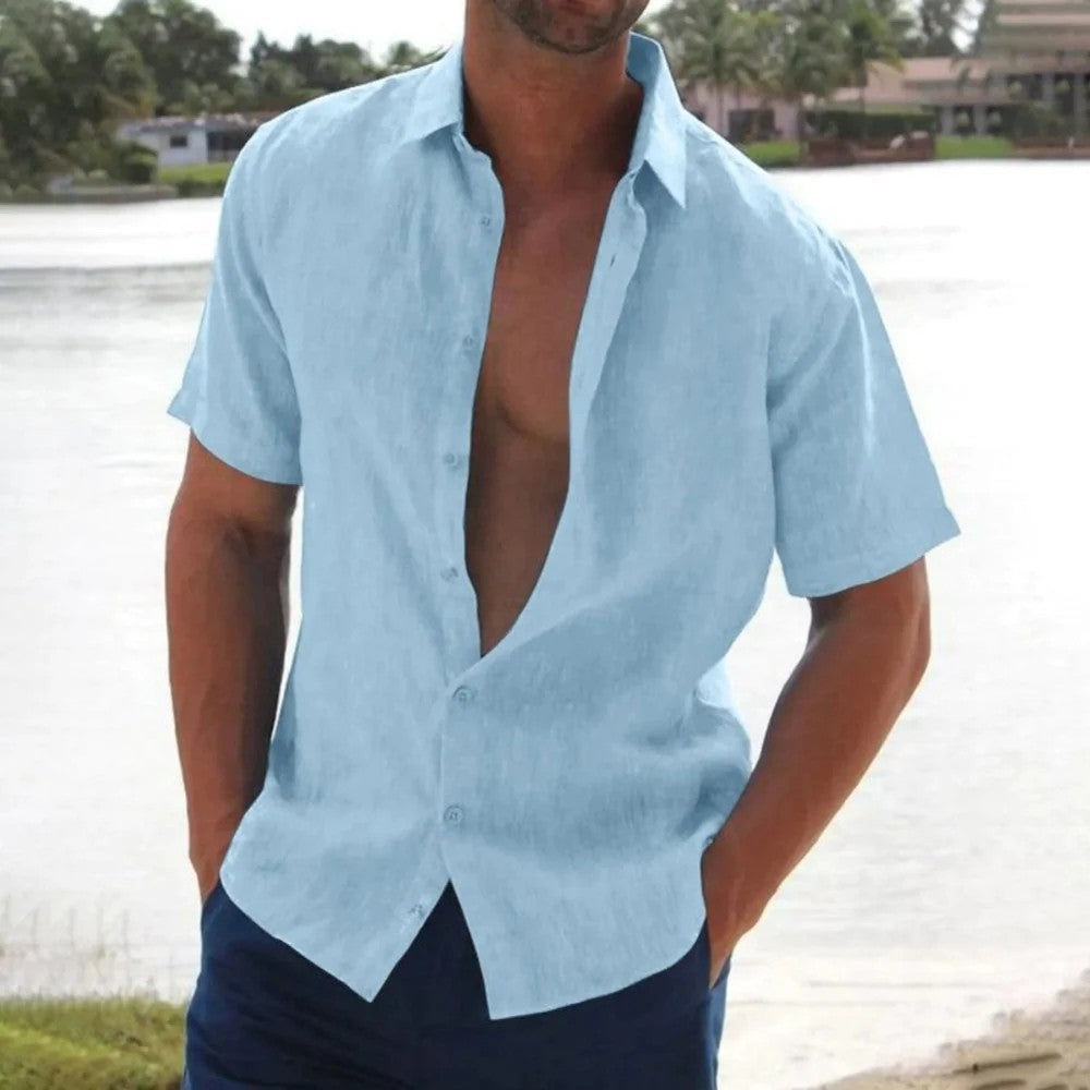 Kaven - Men's Linen Look Shirt Short Sleeve Button-Up Lightweight
