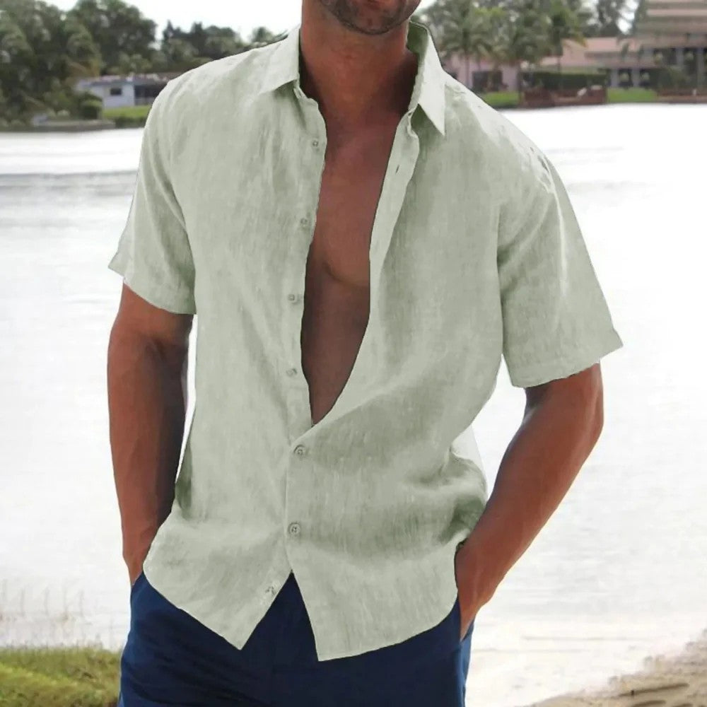 Kaven - Men's Linen Look Shirt Short Sleeve Button-Up Lightweight