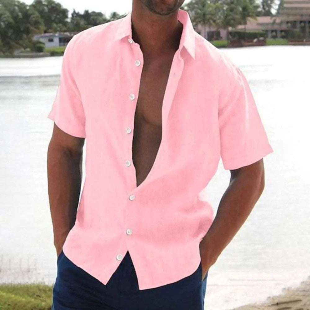 Kaven - Men's Linen Look Shirt Short Sleeve Button-Up Lightweight
