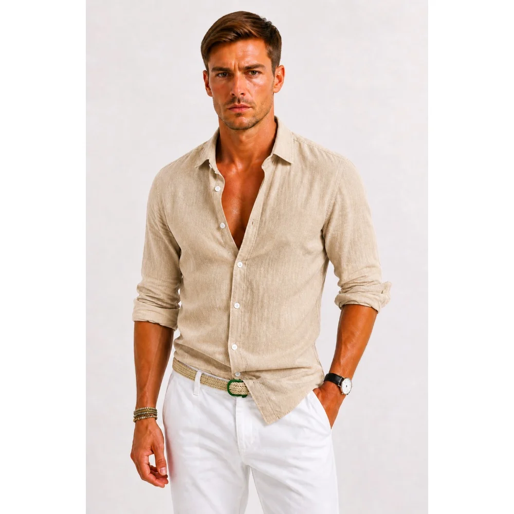 Kaven - Men's Linen Oxford Shirt Button-Down Relaxed Fit Rolled Sleeves