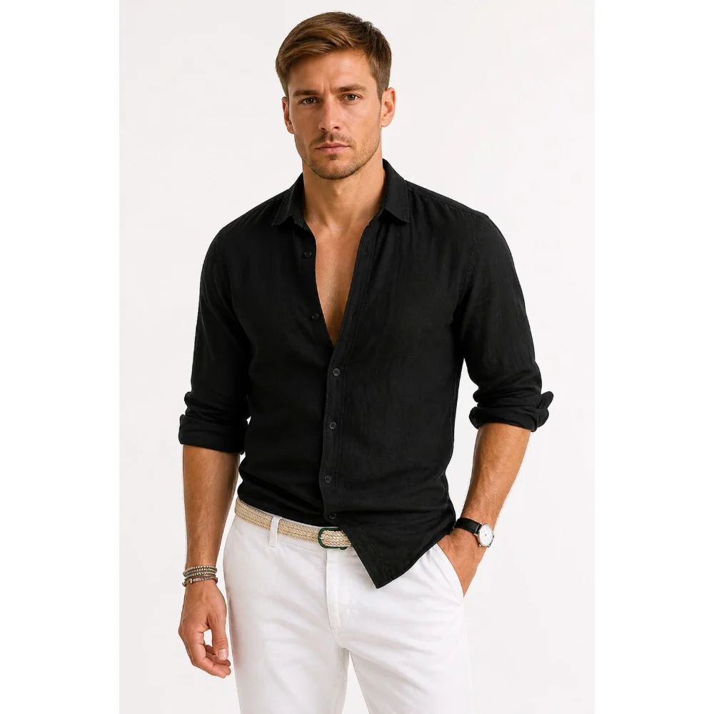 Kaven - Men's Linen Oxford Shirt Button-Down Relaxed Fit Rolled Sleeves