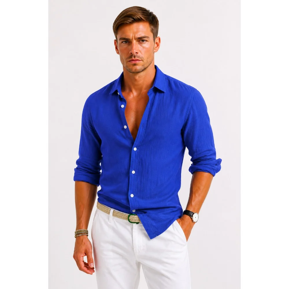 Kaven - Men's Linen Oxford Shirt Button-Down Relaxed Fit Rolled Sleeves