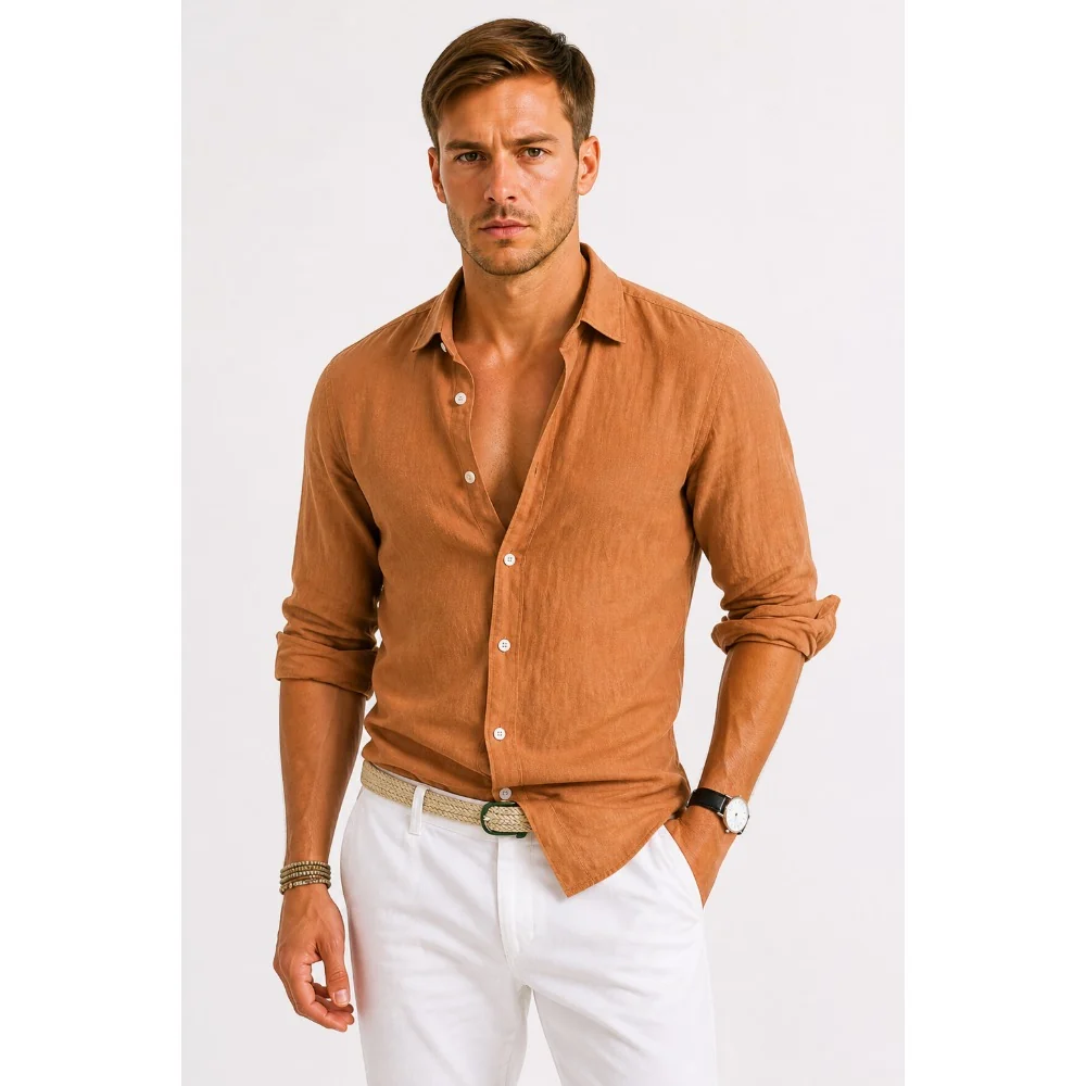Kaven - Men's Linen Oxford Shirt Button-Down Relaxed Fit Rolled Sleeves
