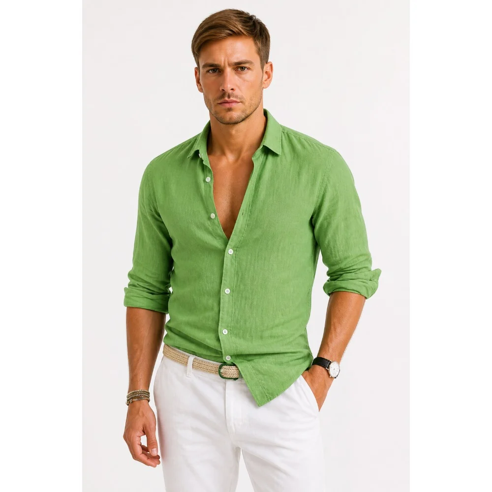 Kaven - Men's Linen Oxford Shirt Button-Down Relaxed Fit Rolled Sleeves