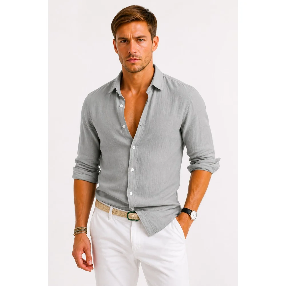 Kaven - Men's Linen Oxford Shirt Button-Down Relaxed Fit Rolled Sleeves