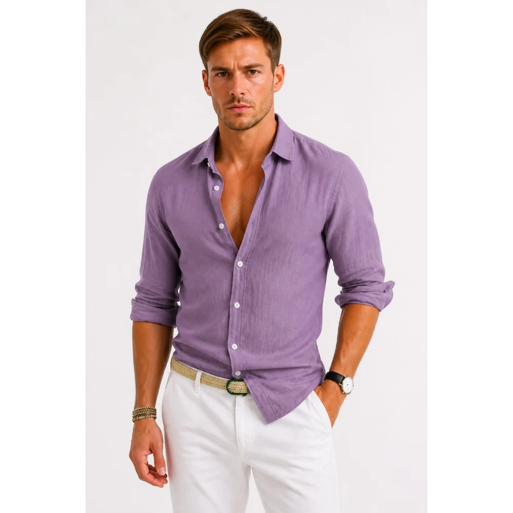 Kaven - Men's Linen Oxford Shirt Button-Down Relaxed Fit Rolled Sleeves