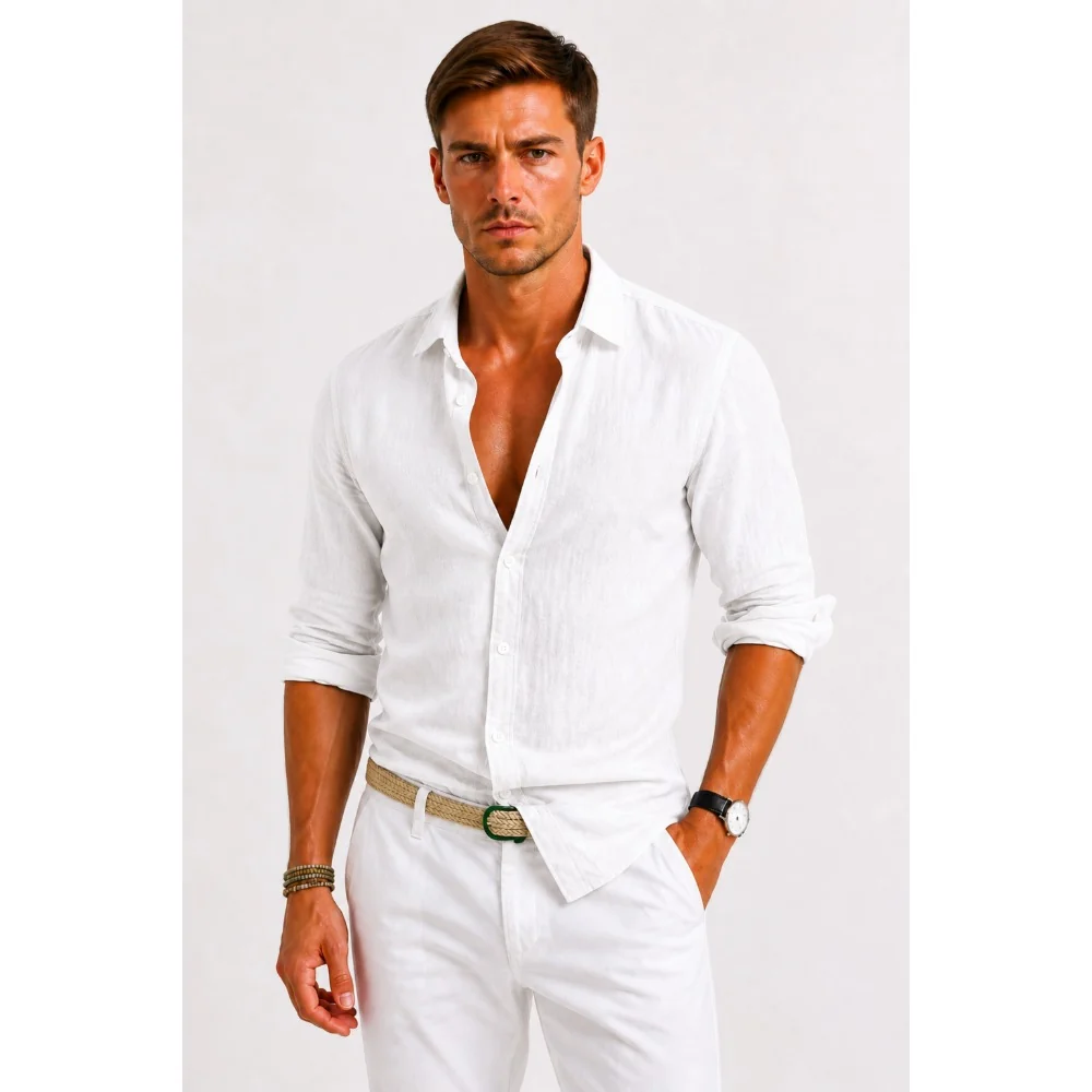 Kaven - Men's Linen Oxford Shirt Button-Down Relaxed Fit Rolled Sleeves