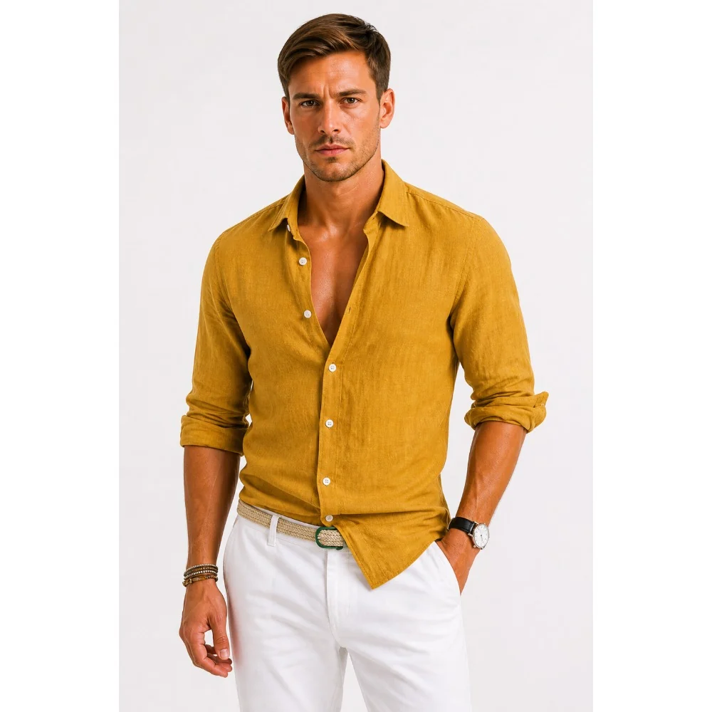 Kaven - Men's Linen Oxford Shirt Button-Down Relaxed Fit Rolled Sleeves