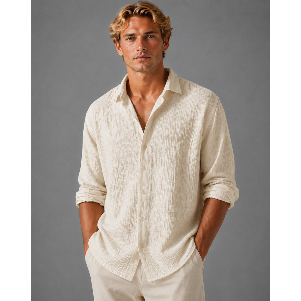 Kaven - Men's Linen Shirt Long Sleeve Crinkle Texture Relaxed Fit