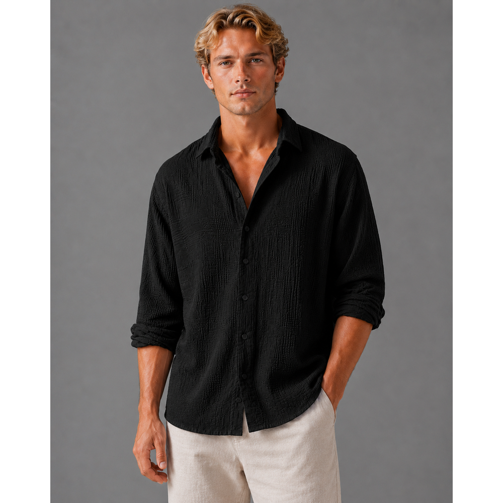 Kaven - Men's Linen Shirt Long Sleeve Crinkle Texture Relaxed Fit