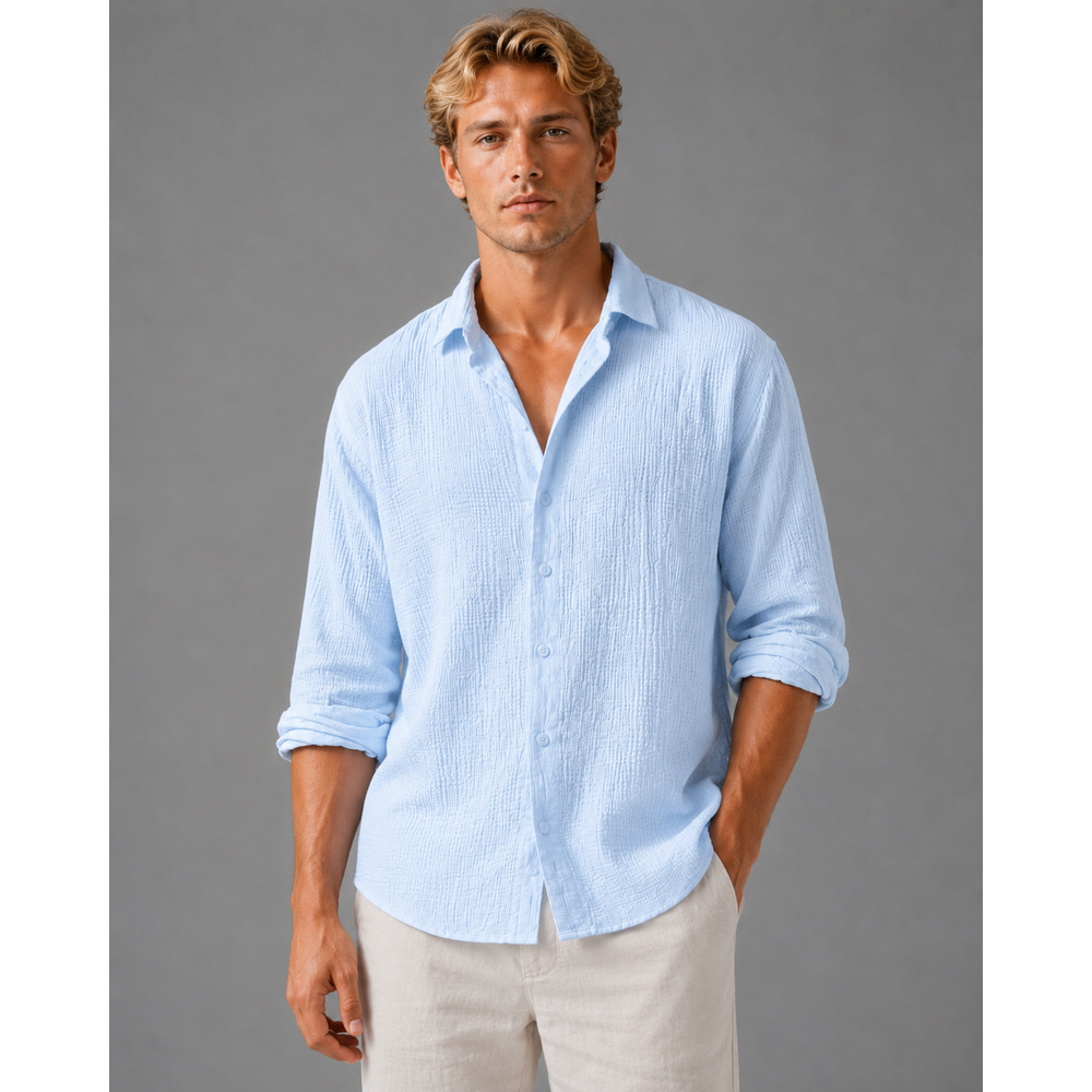 Kaven - Men's Linen Shirt Long Sleeve Crinkle Texture Relaxed Fit