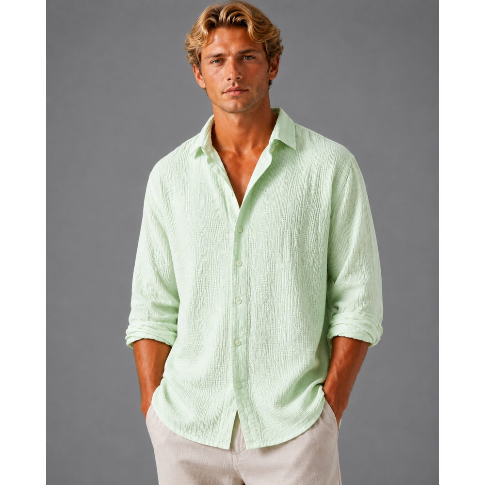 Kaven - Men's Linen Shirt Long Sleeve Crinkle Texture Relaxed Fit
