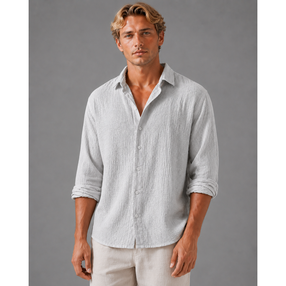 Kaven - Men's Linen Shirt Long Sleeve Crinkle Texture Relaxed Fit