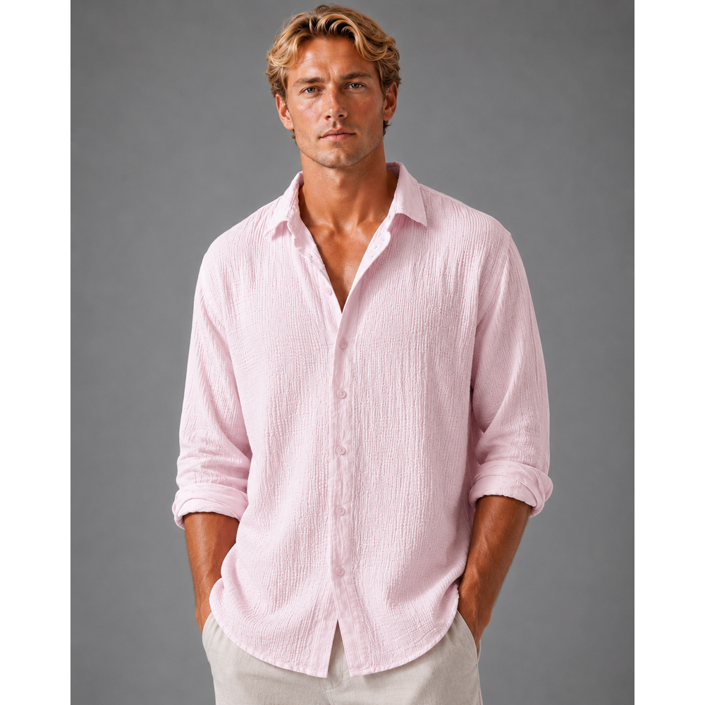 Kaven - Men's Linen Shirt Long Sleeve Crinkle Texture Relaxed Fit