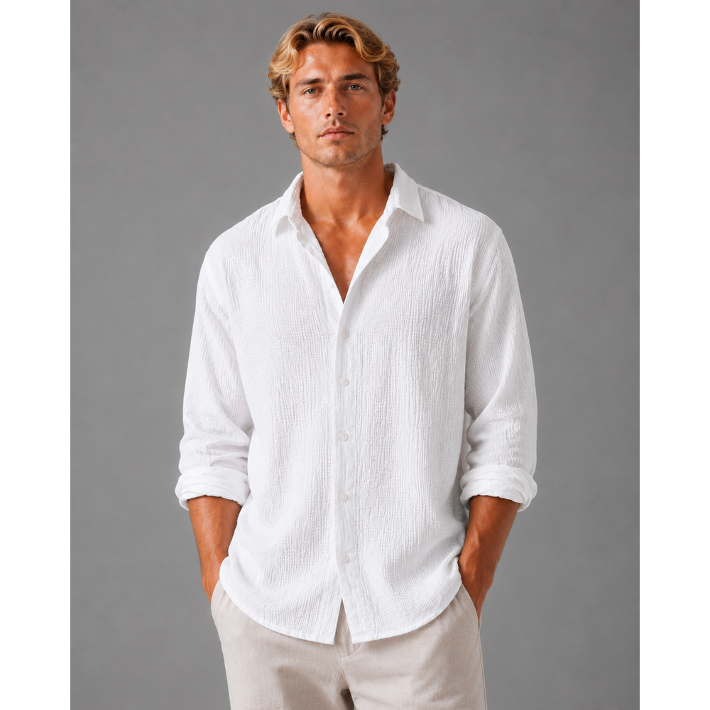 Kaven - Men's Linen Shirt Long Sleeve Crinkle Texture Relaxed Fit