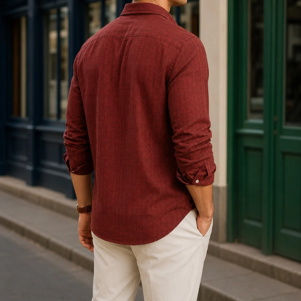 Kaven - Men's Linen Shirt Long Sleeve Point Collar Curved Hem