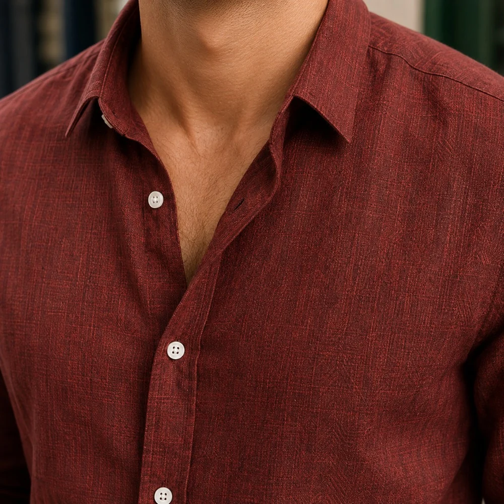 Kaven - Men's Linen Shirt Long Sleeve Point Collar Curved Hem