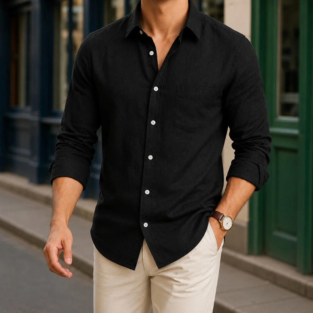 Kaven - Men's Linen Shirt Long Sleeve Point Collar Curved Hem