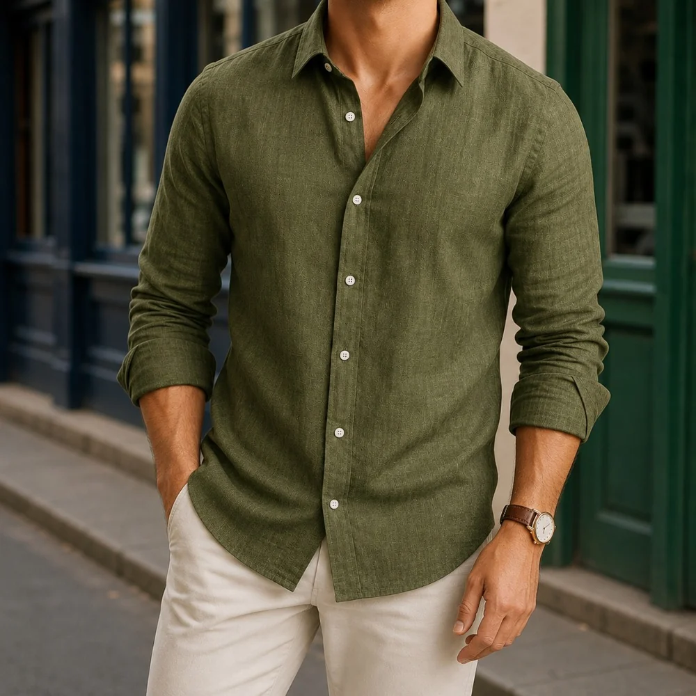 Kaven - Men's Linen Shirt Long Sleeve Point Collar Curved Hem