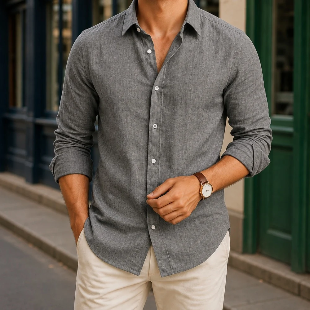 Kaven - Men's Linen Shirt Long Sleeve Point Collar Curved Hem