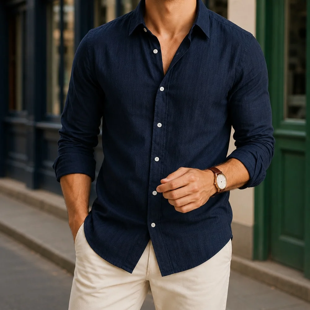 Kaven - Men's Linen Shirt Long Sleeve Point Collar Curved Hem