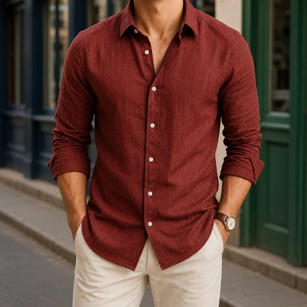 Kaven - Men's Linen Shirt Long Sleeve Point Collar Curved Hem