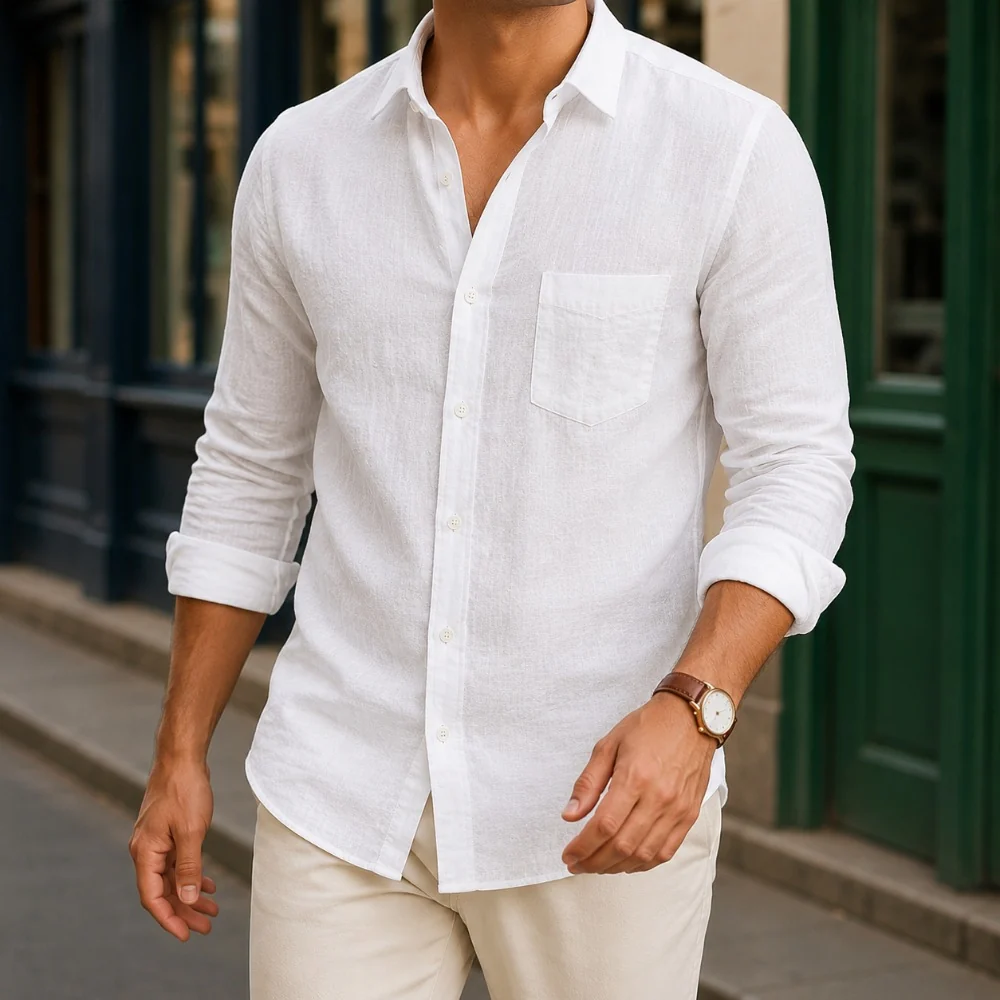 Kaven - Men's Linen Shirt Long Sleeve Point Collar Curved Hem