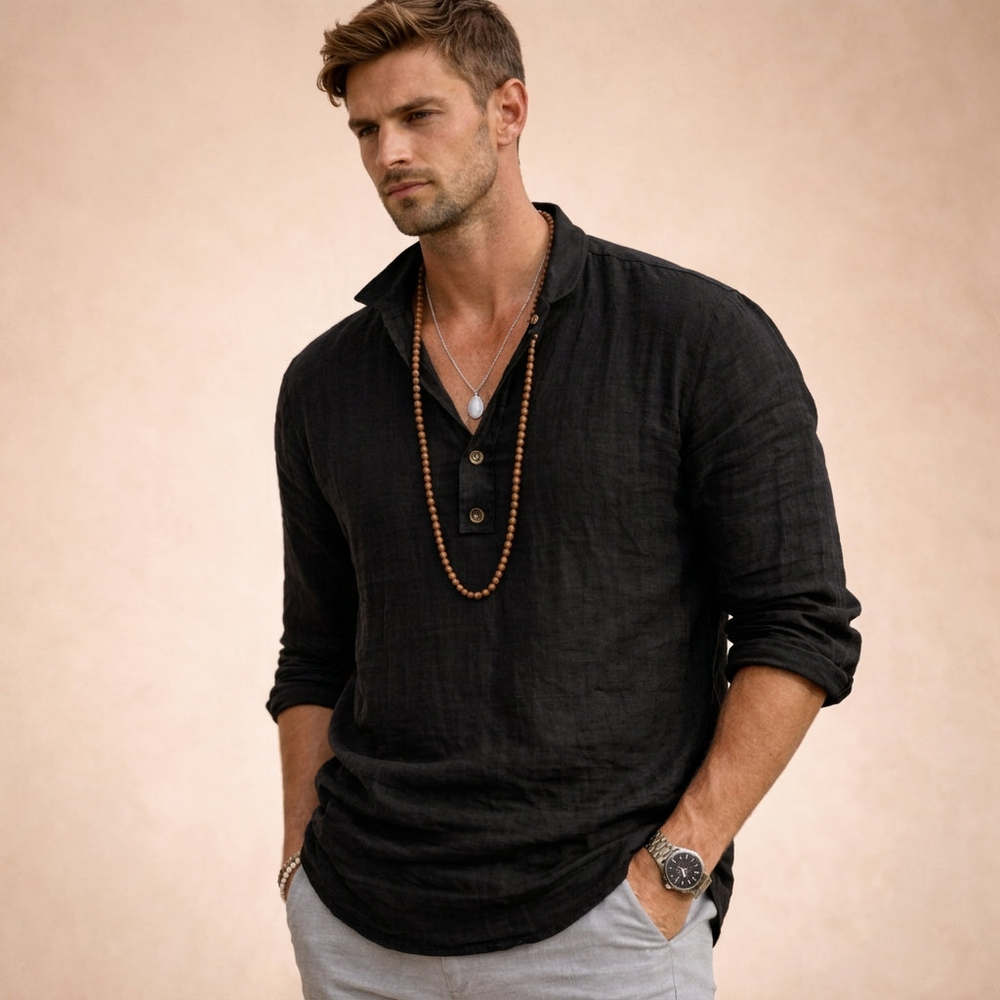 Kaven - Men's Linen Shirt Popover Half Button Long Sleeve Relaxed Fit - Black