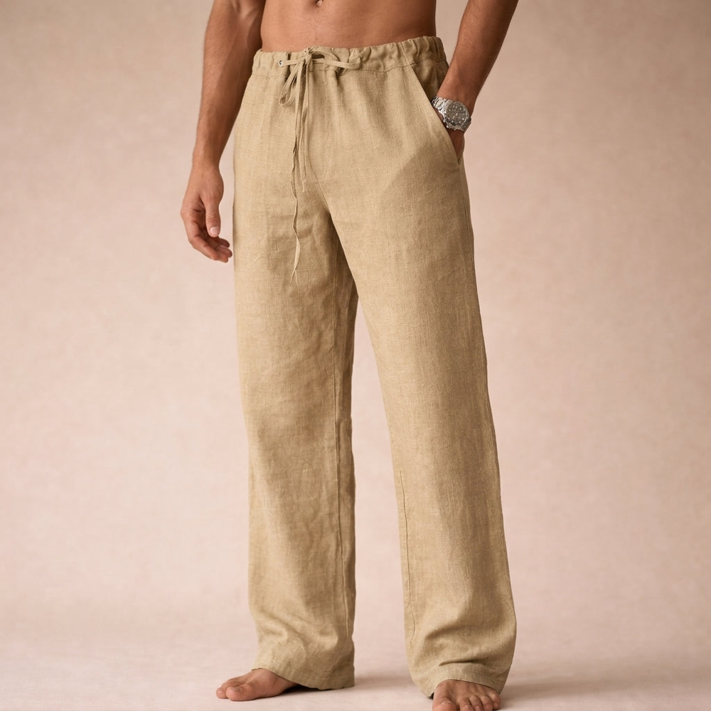 Kaven - Men's Linen Trousers Drawstring Waist Relaxed Straight Leg