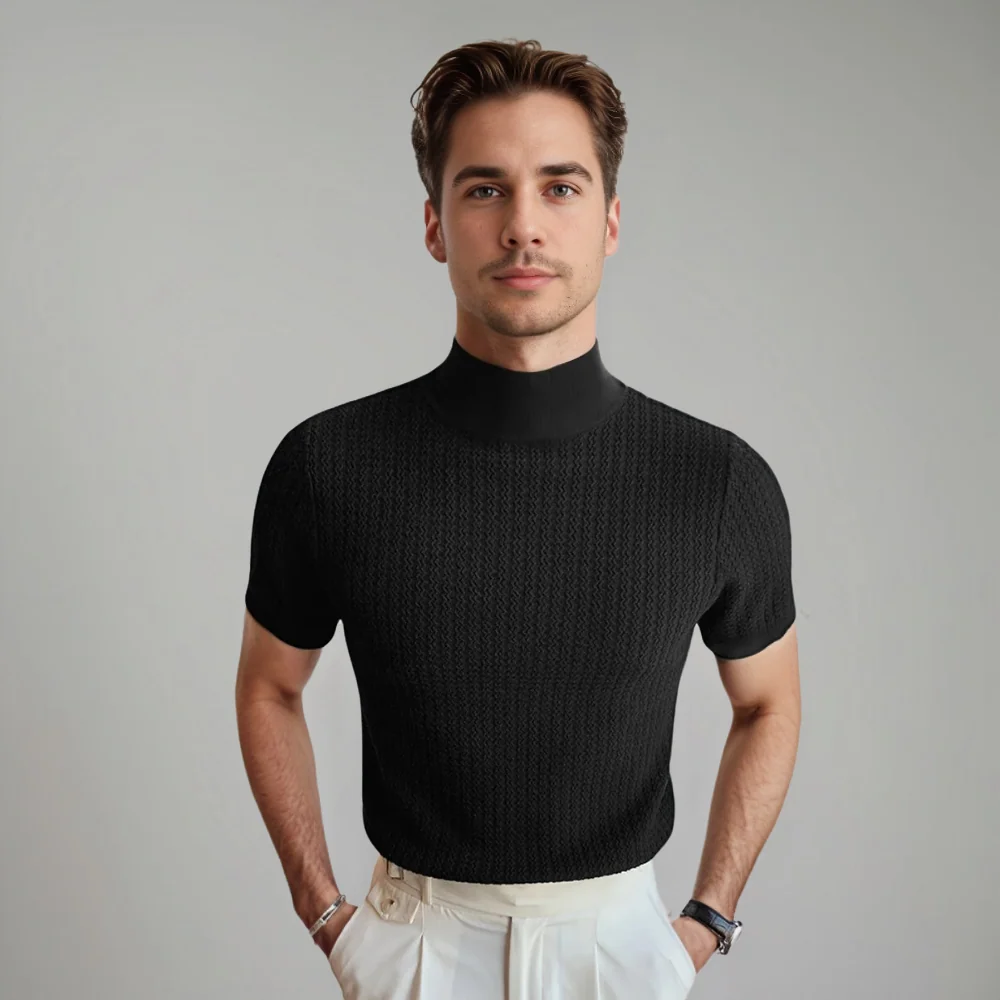 Kaven - Men's Mock Neck T-Shirt Short Sleeve Textured Knit