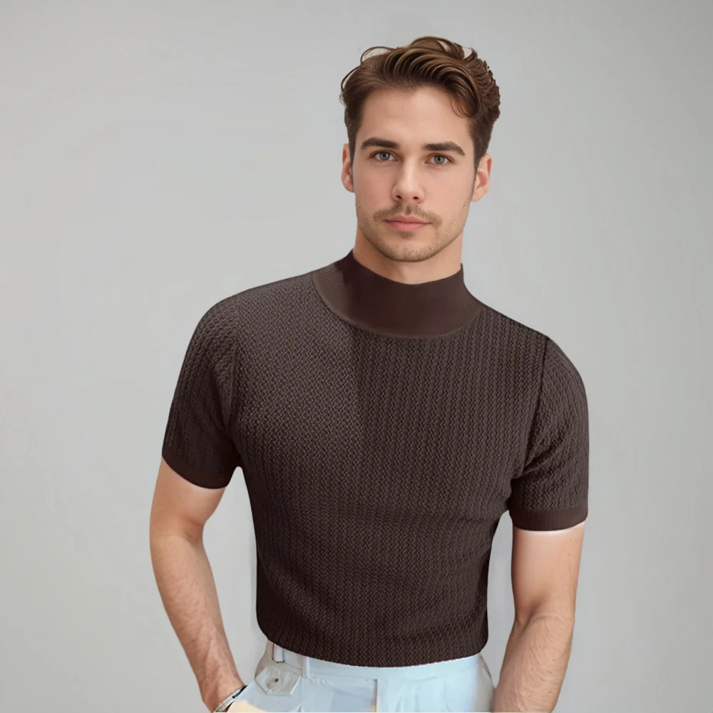 Kaven - Men's Mock Neck T-Shirt Short Sleeve Textured Knit