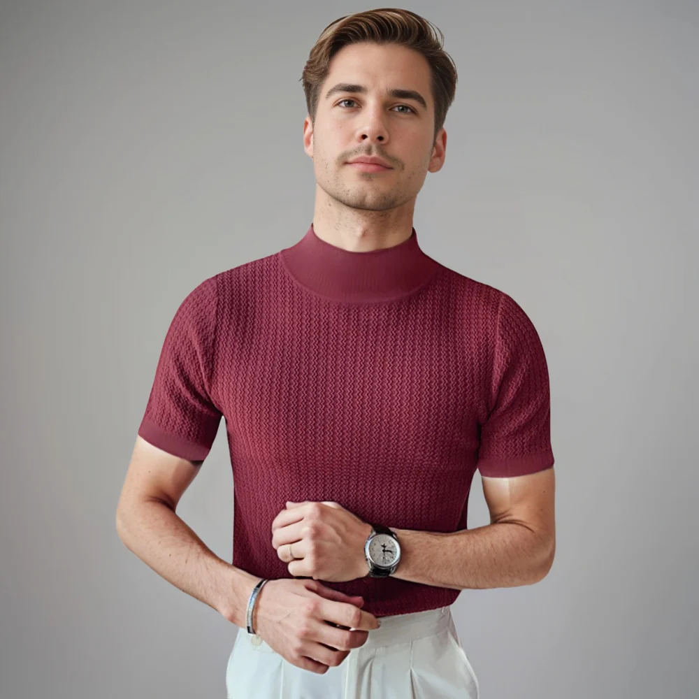 Kaven - Men's Mock Neck T-Shirt Short Sleeve Textured Knit