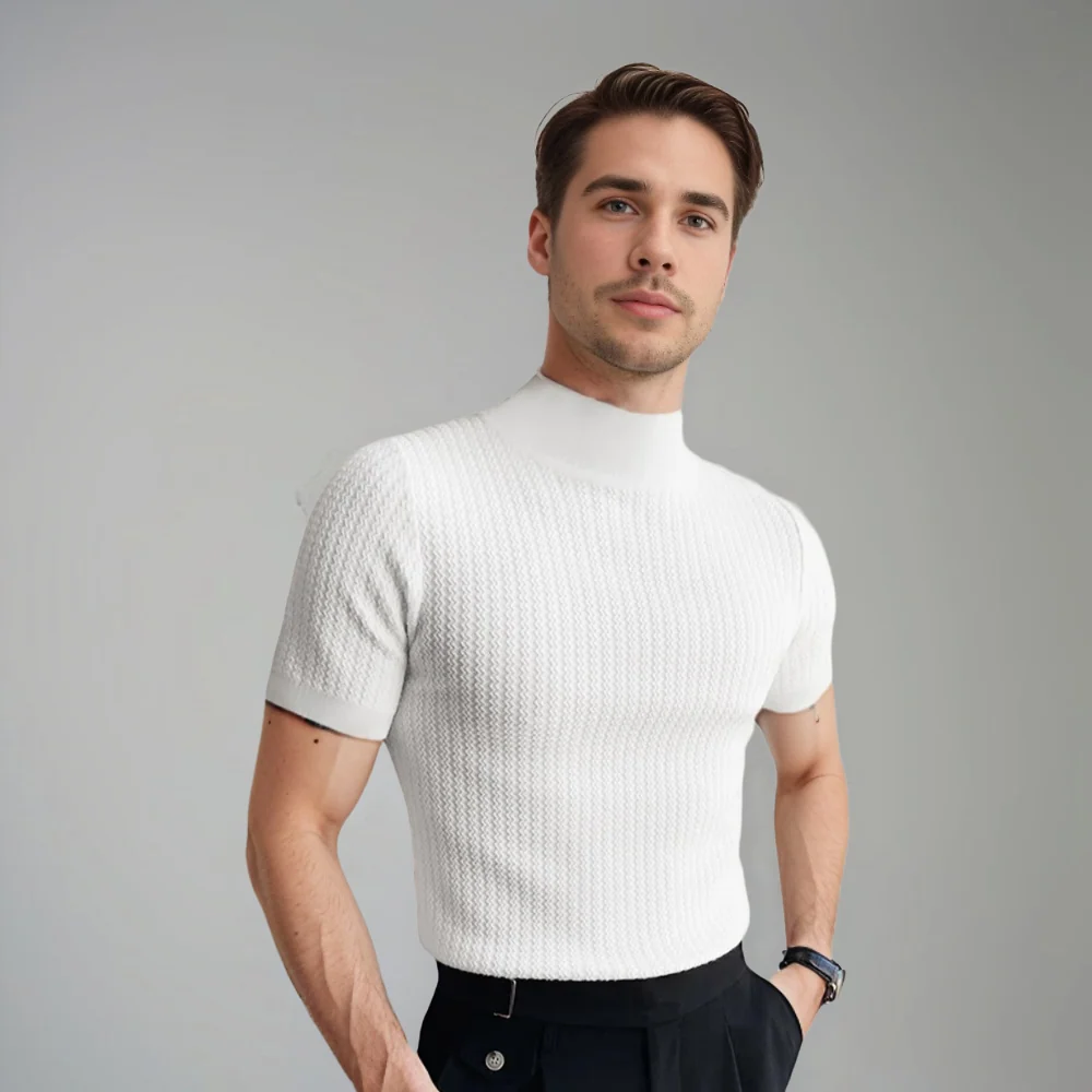 Kaven - Men's Mock Neck T-Shirt Short Sleeve Textured Knit