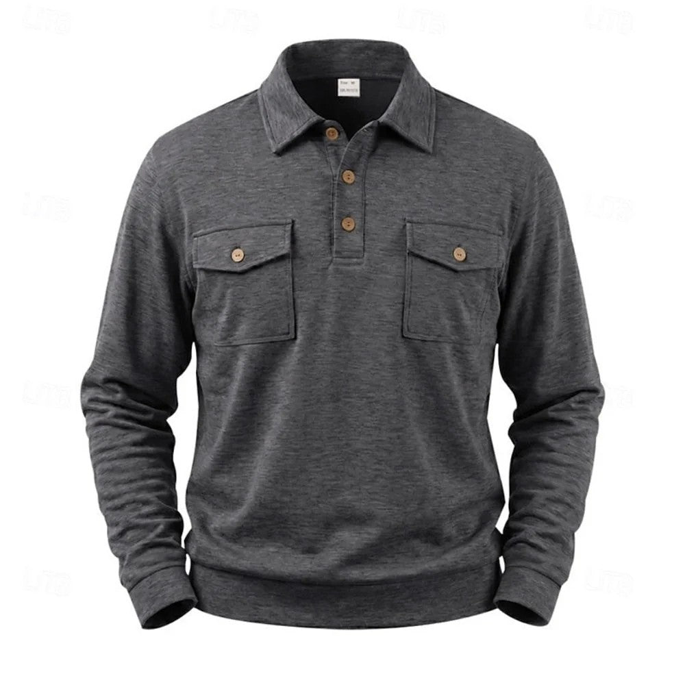 Kaven - Men's Polo Long Sleeve Fine Knit Two Chest Pockets