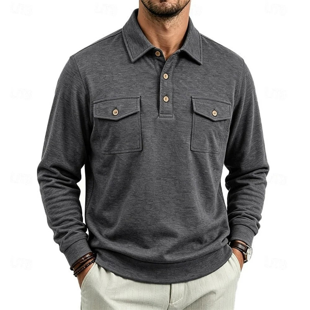 Kaven - Men's Polo Long Sleeve Fine Knit Two Chest Pockets