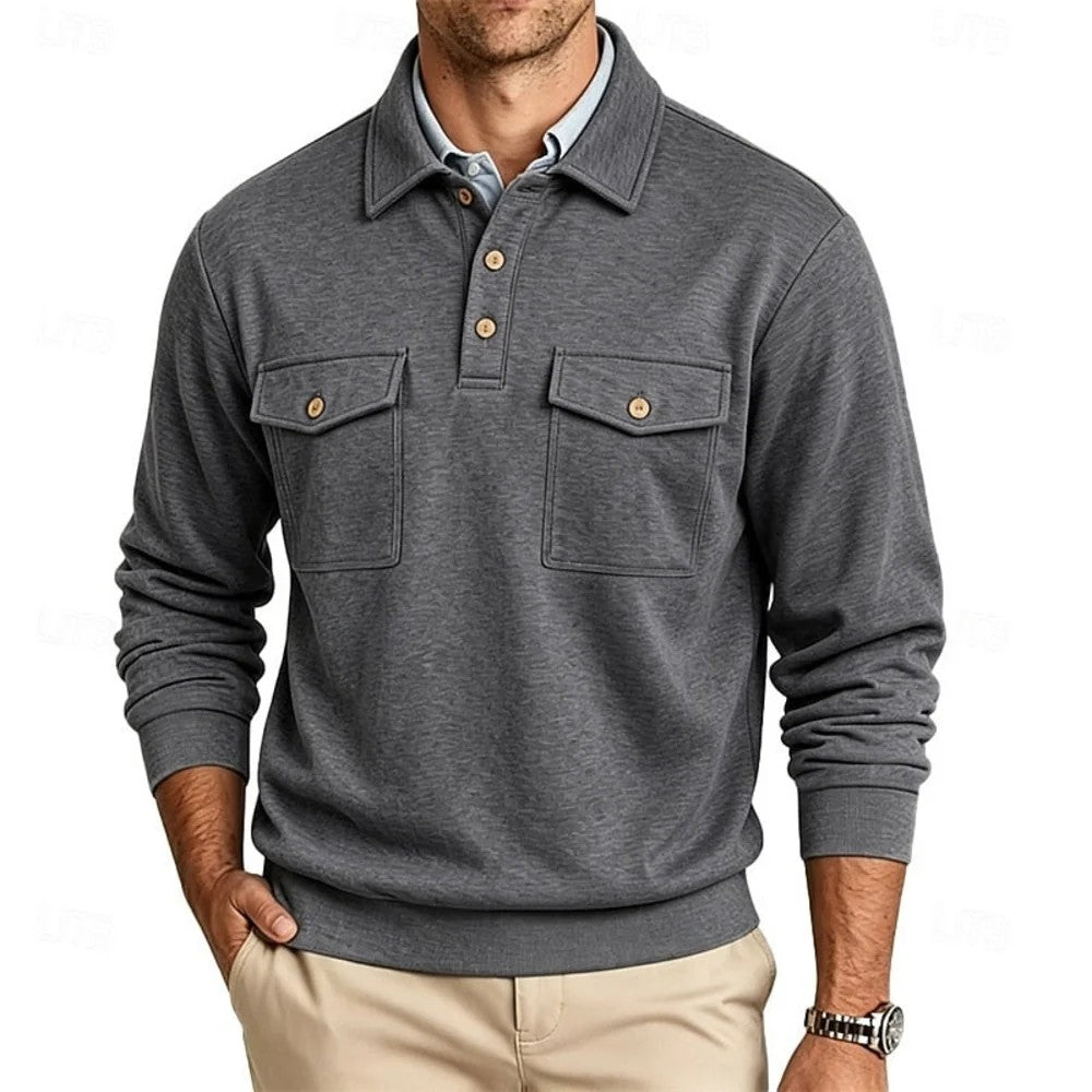 Kaven - Men's Polo Long Sleeve Fine Knit Two Chest Pockets