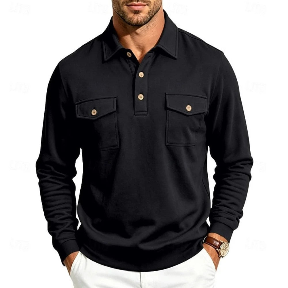 Kaven - Men's Polo Long Sleeve Fine Knit Two Chest Pockets