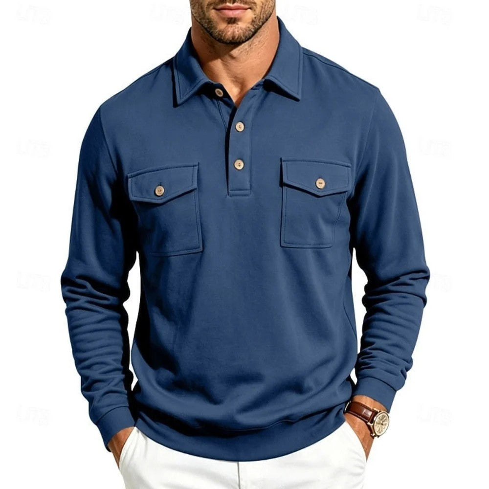Kaven - Men's Polo Long Sleeve Fine Knit Two Chest Pockets