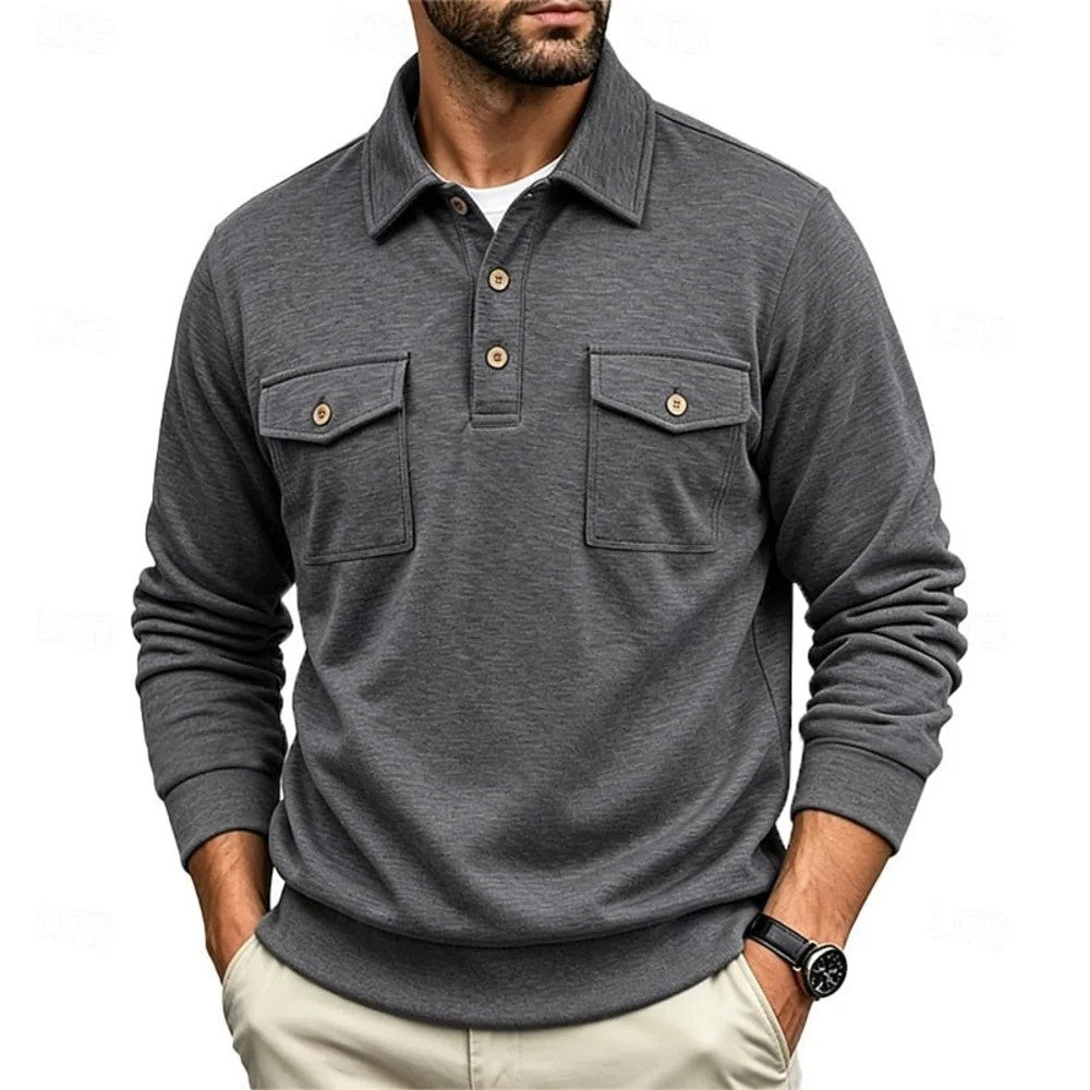 Kaven - Men's Polo Long Sleeve Fine Knit Two Chest Pockets