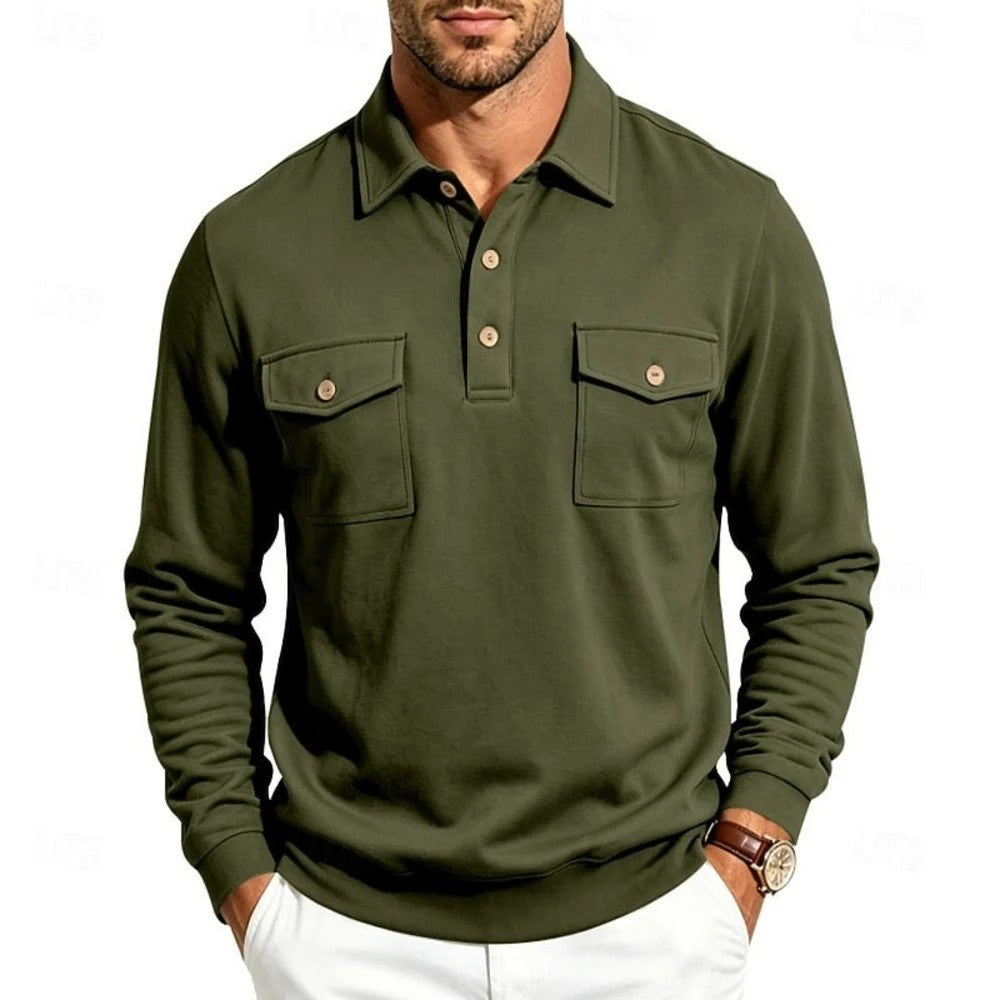 Kaven - Men's Polo Long Sleeve Fine Knit Two Chest Pockets