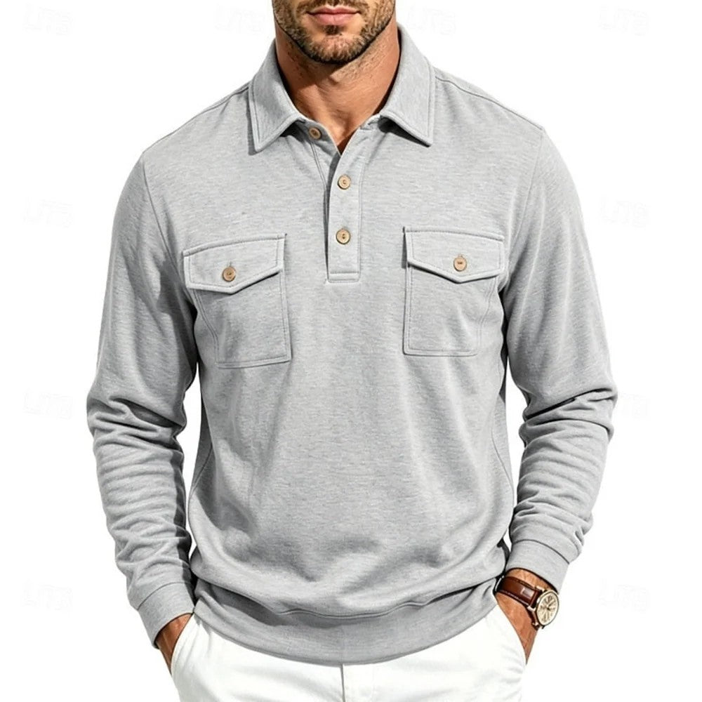 Kaven - Men's Polo Long Sleeve Fine Knit Two Chest Pockets