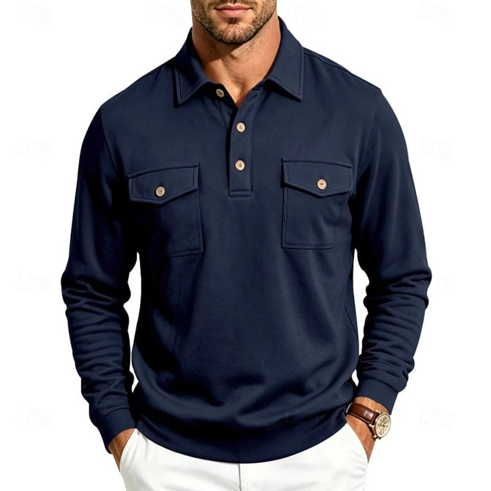 Kaven - Men's Polo Long Sleeve Fine Knit Two Chest Pockets